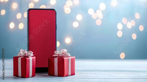 A smartphone with a blank screen beside two red gift boxes, perfect for holiday and gift-themed content. photo