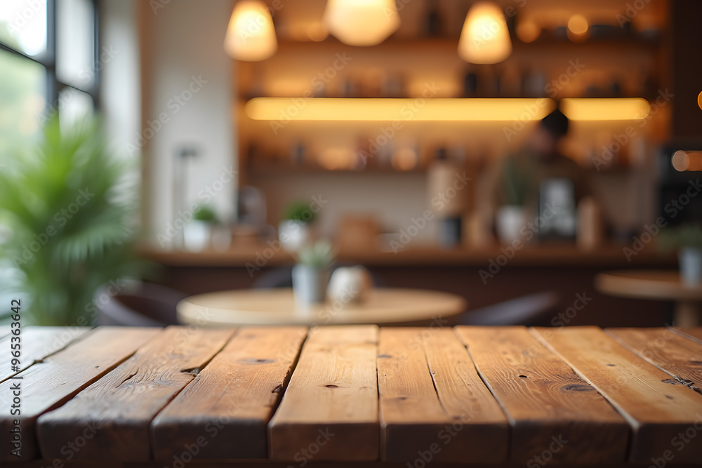 Empty rustic wood table and blurred soft light table in restaurant with bokeh background. product display template.Business presentation. Empty rustic wood table and blurred soft light table in restaurant with bokeh background. product display template.Business presentation.