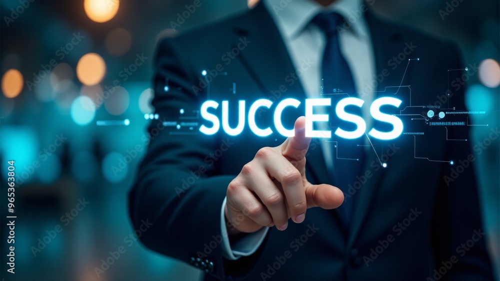 A businessman points at the glowing word A businessman points at the glowing word