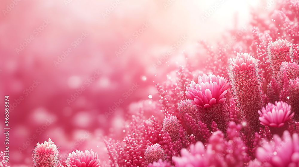 Blooming pink cactus garden in soft sunlight with dreamy atmosphere Blooming pink cactus garden in soft sunlight with dreamy atmosphere