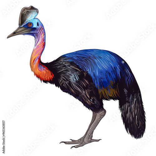 A colorful illustration of a cassowary bird with a blue, black, and red plumage, standing on a white background. photo