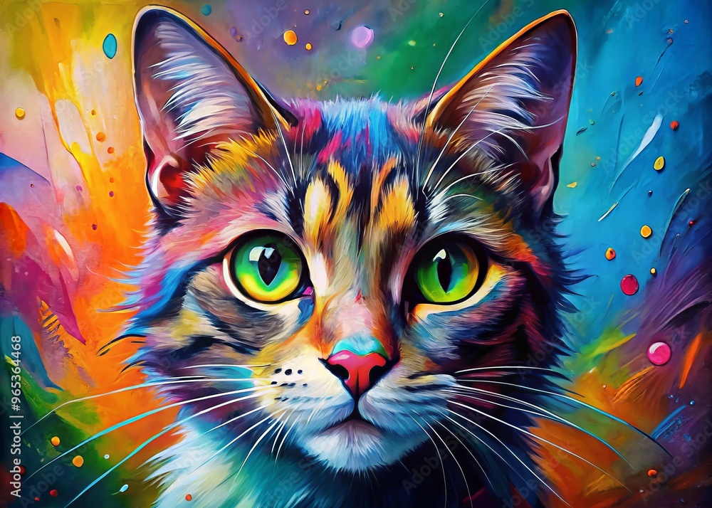 Vibrant felines gaze out from a canvas awash in bold colors, brushstrokes dancing across the surface as the animal's emotions leap off. Vibrant felines gaze out from a canvas awash in bold colors, brushstrokes dancing across the surface as the animal's emotions leap off.