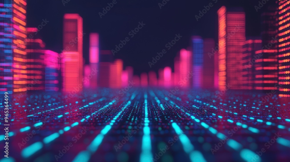 Futuristic Virtual Reality City with Glowing Data Streams -