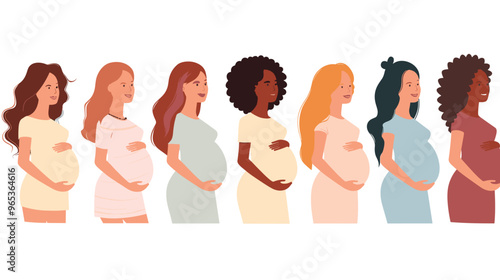 Diverse Set of Happy Pregnant Women in Different Poses, Multiethnic Mothers-to-Be