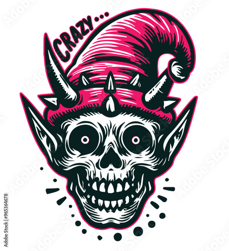 Crazy smiling gnome skull wearing a pink hat in a fun, quirky design. This fantasy-inspired character adds a whimsical and edgy twist, perfect for Halloween, gothic art, or fantasy-themed projects