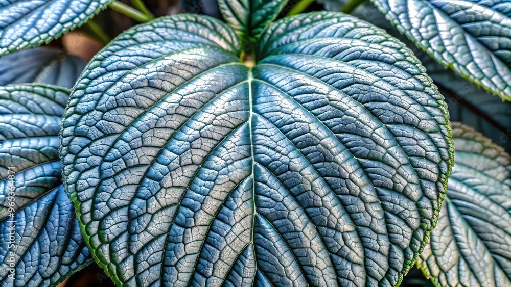 Silvery blue-green leaves of D. deremensis plant boast serrated edges and prominent veins, a striking visual display of nature's intricate design. Silvery blue-green leaves of D. deremensis plant boast serrated edges and prominent veins, a striking visual display of nature's intricate design.