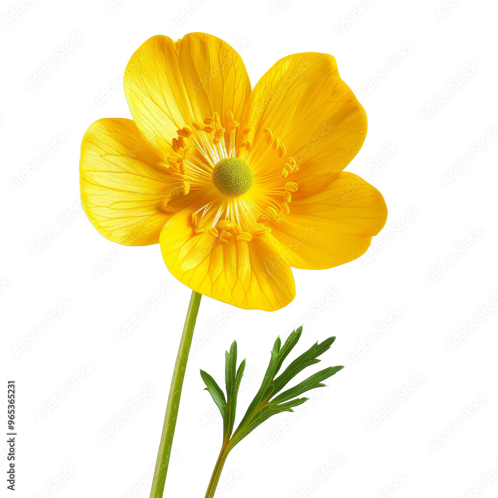 A vibrant yellow buttercup flower with delicate petals and green leaves isolated against a transparent background A vibrant yellow buttercup flower with delicate petals and green leaves isolated against a transparent background