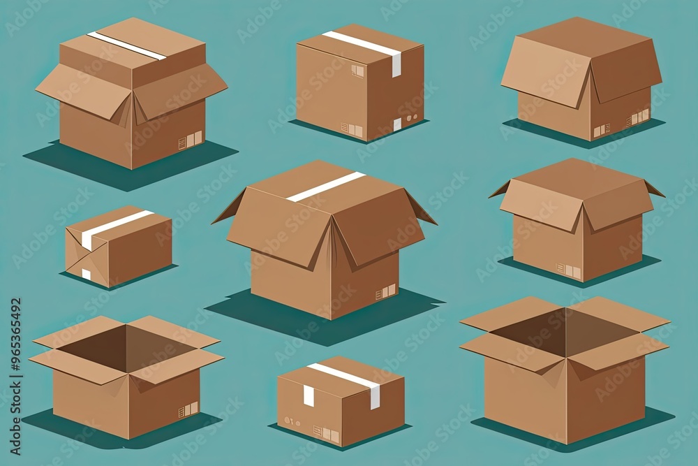 Collection of Unique Cardboard Boxes and Parcels Illustrated from Diverse Angles for Packaging and Delivery Collection of Unique Cardboard Boxes and Parcels Illustrated from Diverse Angles for Packaging and Delivery