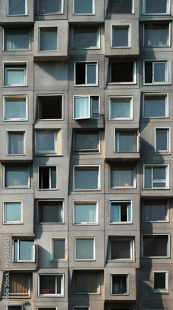 A Facade of Irregularly Shaped Windows on a Grey Building A Facade of Irregularly Shaped Windows on a Grey Building