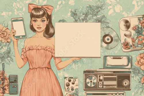 Retro pin up girl holding a phone and blank sign, surrounded by vintage electronics photo