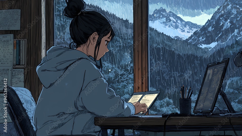 Young Asian female studying by the window during a rainy mountain evening. Young Asian female studying by the window during a rainy mountain evening.