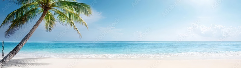 Fototapeta premium Tropical beach paradise with palm trees, white sand, and clear blue water under a sunny sky Perfect vacation destination