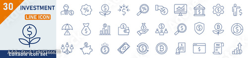 Investment line icon set. Set of 30 outline icons related to investment, investor, asset, profit, portfolio, fund, dividend and others. Investment outline icons collection. Vector illustration.