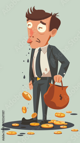 Businessman with Leaky Bag Losing Coins Illustrating Financial Mismanagement