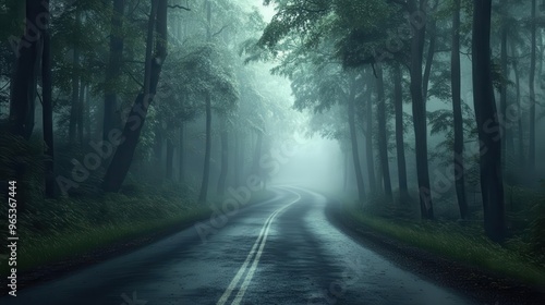 Endless road, misty forest, mysterious atmosphere, 3D illustration