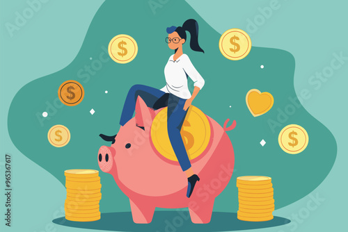 Savvy Woman Riding Piggy Bank to Financial Success, Exploring Investment Options for Capital Preservation and Passive Income Generation