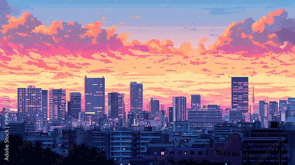 Fototapeta premium Vibrant city skyline at sunset with colorful clouds and modern architecture.