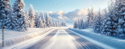 Endless road, snowy path, winter wonderland, 3D illustration