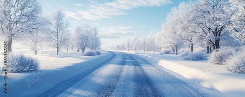 Endless road, snowy path, winter wonderland, 3D illustration