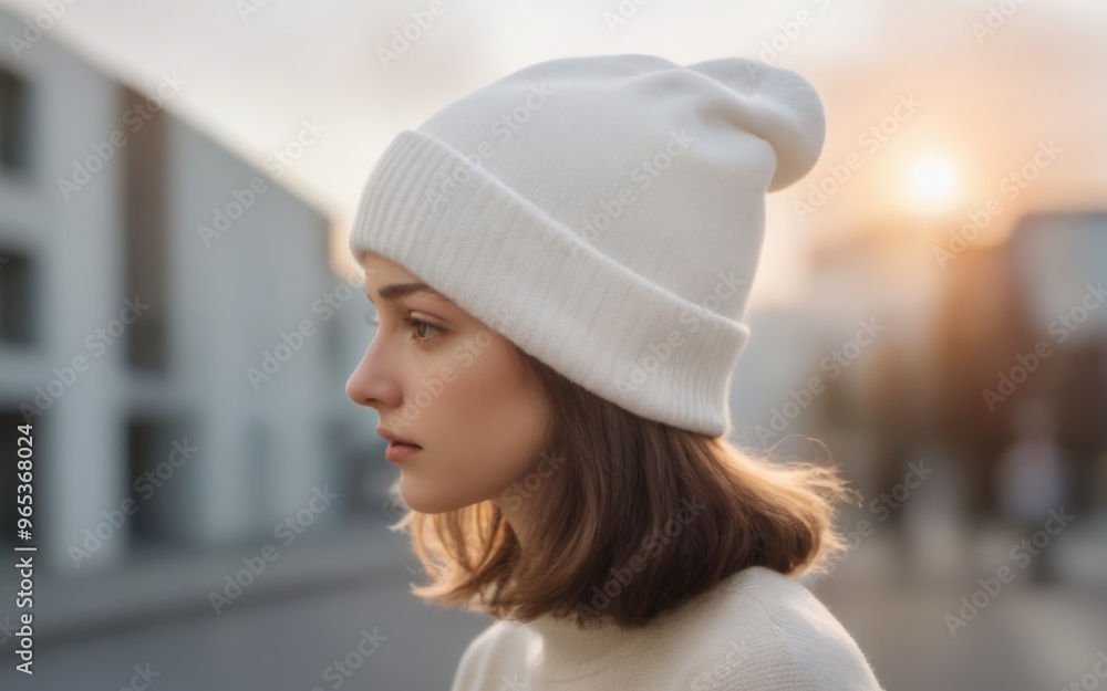 Serene young woman in white beanie standing on street at sunset, Serene young woman in white beanie standing on street at sunset,