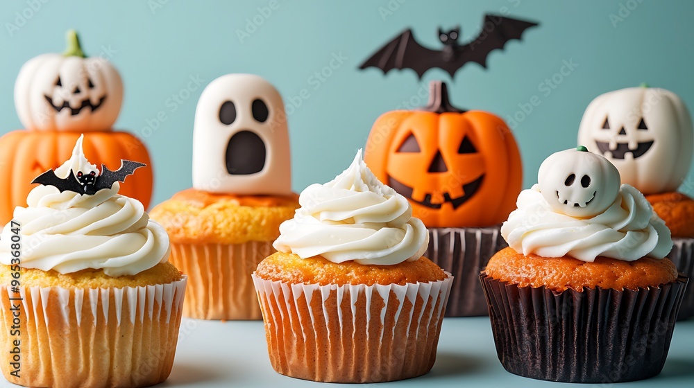 Close-up of Halloween cupcakes and treats served at a college Halloween party, ultra-sharp focus, solid pale blue background Close-up of Halloween cupcakes and treats served at a college Halloween party, ultra-sharp focus, solid pale blue background