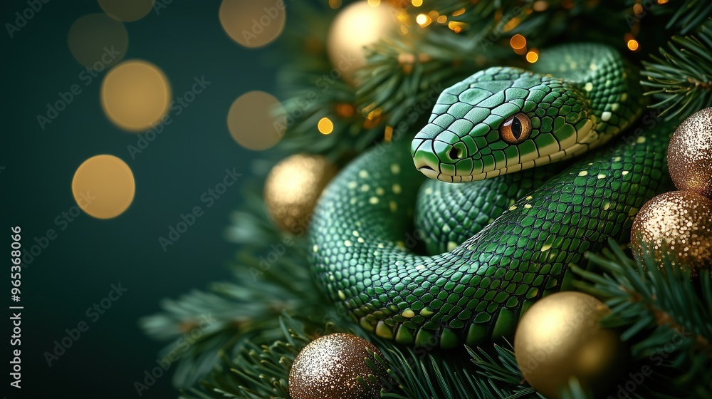 A Green Wooden Snake, holiday composition for happy and joy celebrate New Year, black bokeh background A Green Wooden Snake, holiday composition for happy and joy celebrate New Year, black bokeh background