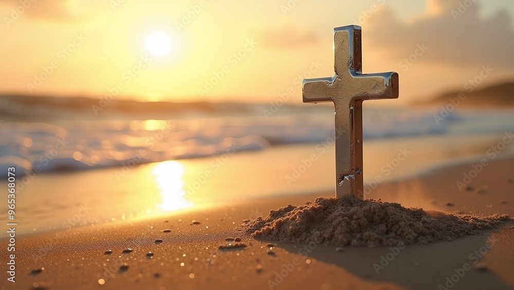 Platinum cross on sunlit beach waves gently lapping steam rising touched by hidden power Platinum cross on sunlit beach waves gently lapping steam rising touched by hidden power