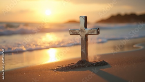 Platinum cross on sunlit beach waves gently lapping steam rising touched by hidden power photo