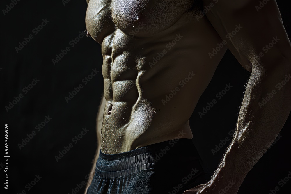 Fit Man's Body Cut from the Side, Abdomen and Abs Close Up Detail in Studio Light on Dark Black Background Generative AI Fit Man's Body Cut from the Side, Abdomen and Abs Close Up Detail in Studio Light on Dark Black Background Generative AI