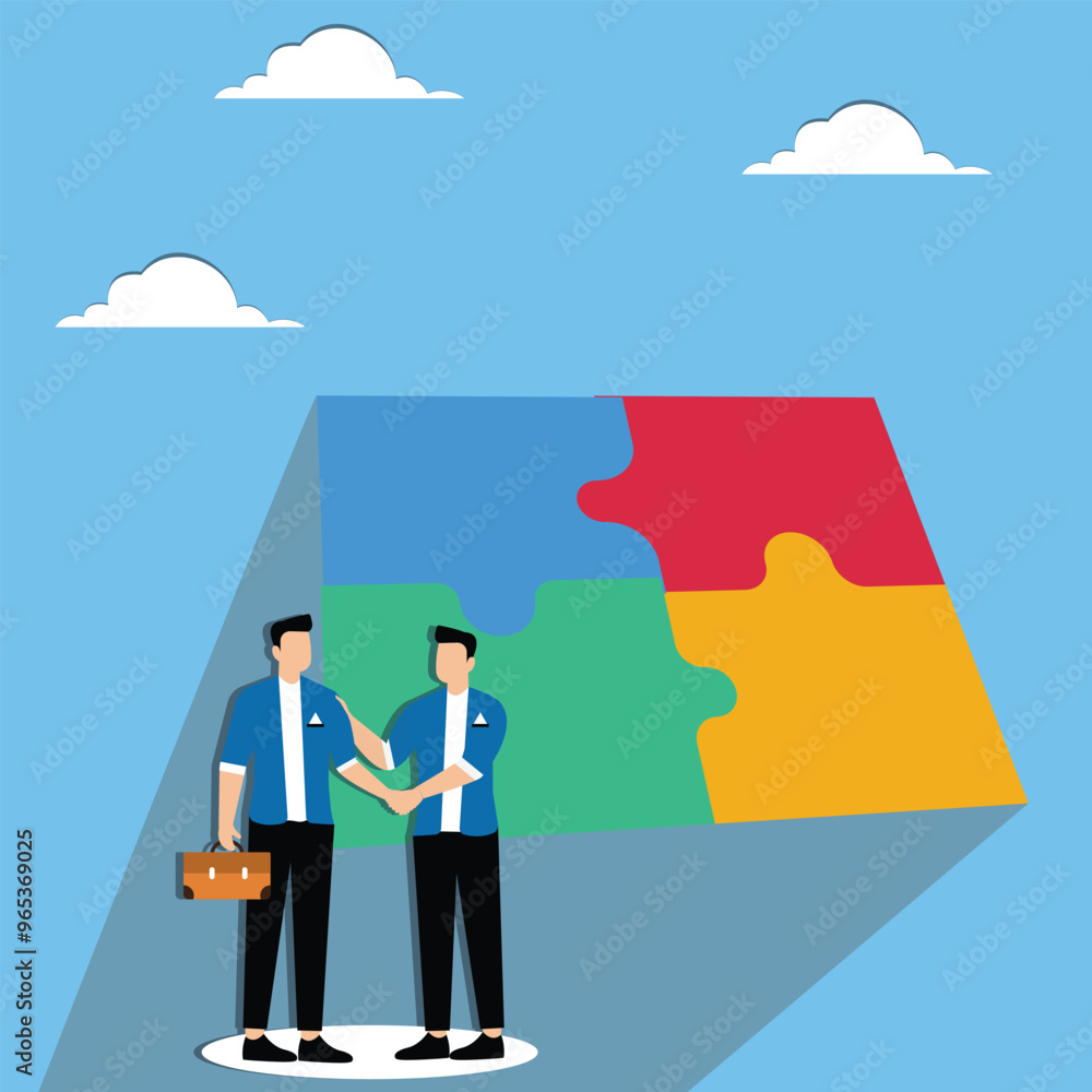 Men shaking hands near folded puzzles