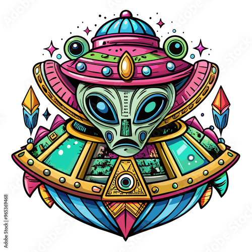 Colorful Alien UFO Spaceship Illustration with Intricate Geometric Design