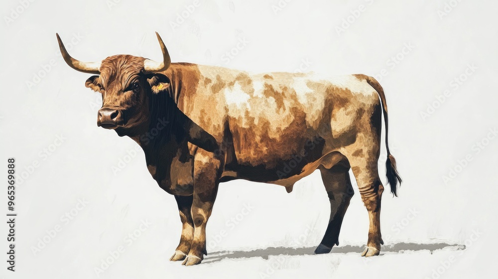 A Brown Bull with White Patches Stands Against a White Background A Brown Bull with White Patches Stands Against a White Background