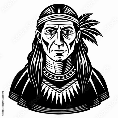 Tribal Elder Illustration Black and White Vector Art with Traditional Features and Feathered Headband