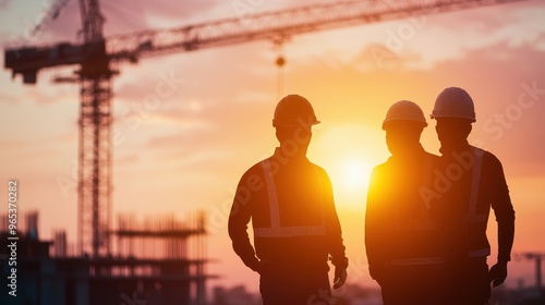 Three men in construction gear stand in front of a large crane