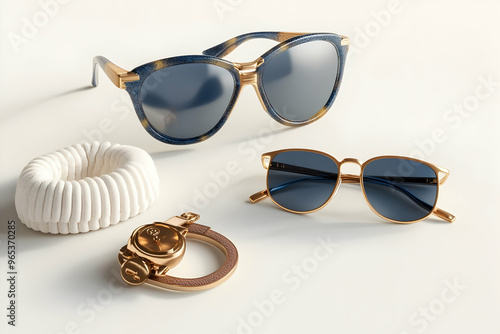 Stylish Sunglasses, Hair Tie, and Gold Keyring Fashion Accessories photo