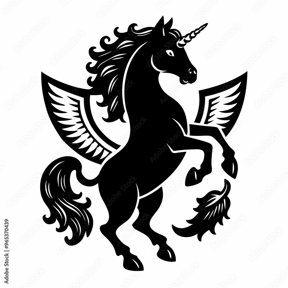 Majestic Black Unicorn with Wings Silhouette in a Mythical Pose Majestic Black Unicorn with Wings Silhouette in a Mythical Pose