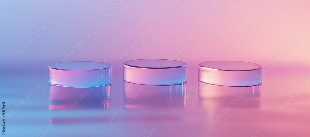 Three glass cylinders on a colorful gradient background. Three glass cylinders on a colorful gradient background.
