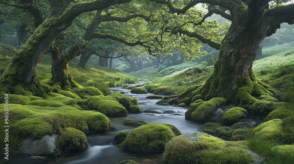 Fototapeta premium Green moss covering ancient trees and rocks with a stream gently flowing through Mossy forest