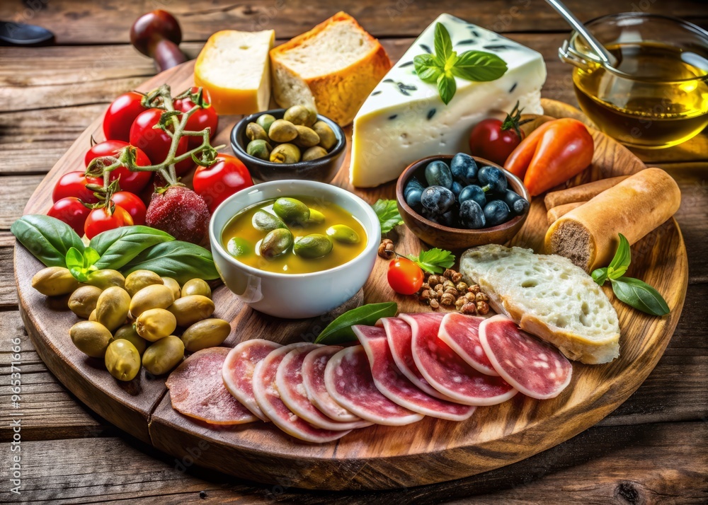 Rustic antipasto platter featuring an assortment of artisanal meats, handcrafted cheeses, briny olives, tangy pickled vegetables, crusty bread, and a golden drizzle of olive oil. Rustic antipasto platter featuring an assortment of artisanal meats, handcrafted cheeses, briny olives, tangy pickled vegetables, crusty bread, and a golden drizzle of olive oil.