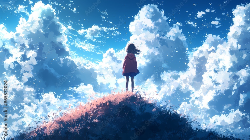 A young girl stands atop a hill, gazing at the vibrant, cloudy sky. A young girl stands atop a hill, gazing at the vibrant, cloudy sky.