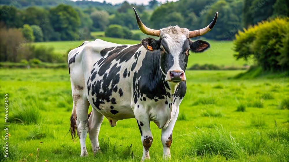 A black and white spotted cow stands side-facing on a lush green field, its head slightly turned to face the viewer. A black and white spotted cow stands side-facing on a lush green field, its head slightly turned to face the viewer.