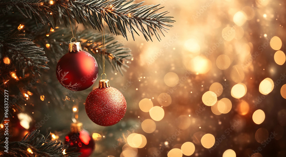 Red Christmas Holiday Balls and Twinkle Lights Warm Background, Christmas Time Home Atmosphere 