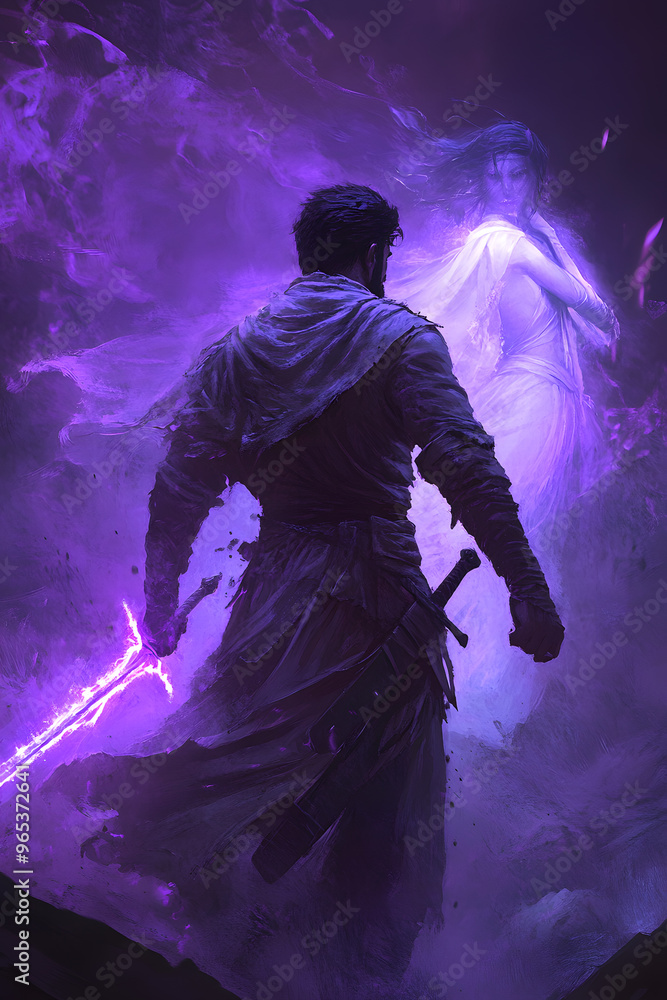 Obraz premium A strong looking mage in his thirties with a short beard, wielding a short sword glowing with dark purple energy