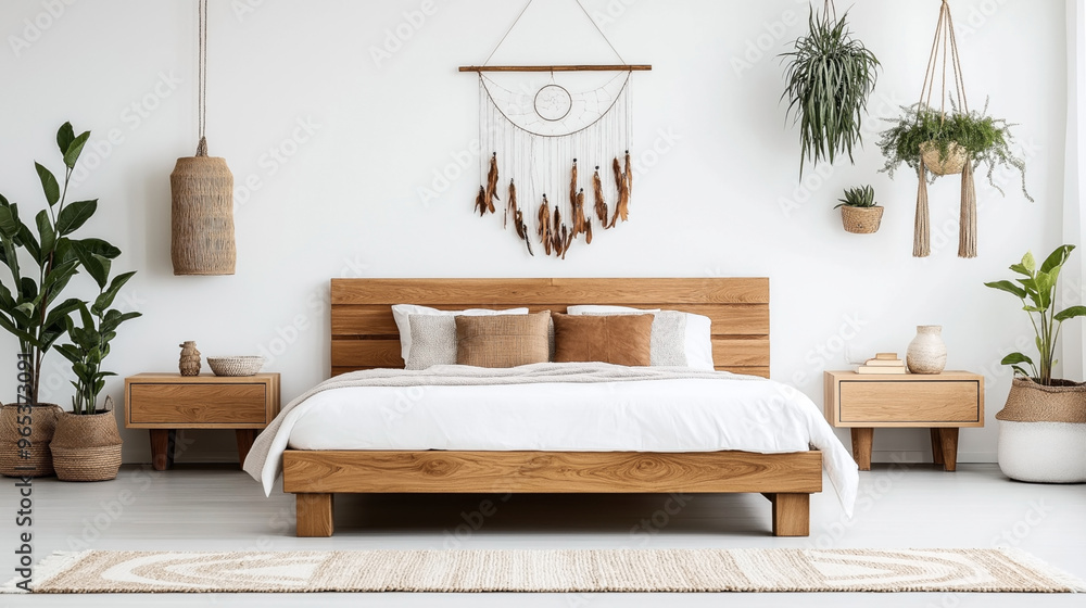A modern bedroom interior featuring a wooden bed frame with white bedding and beige cushions. The room is decorated with plants, wicker baskets, dreamcatchers, and hanging lamps. A modern bedroom interior featuring a wooden bed frame with white bedding and beige cushions. The room is decorated with plants, wicker baskets, dreamcatchers, and hanging lamps.