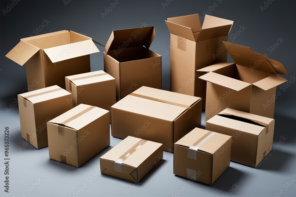 Variety of Cardboard Boxes and Parcels Displaying Open and Sealed Perspectives Variety of Cardboard Boxes and Parcels Displaying Open and Sealed Perspectives