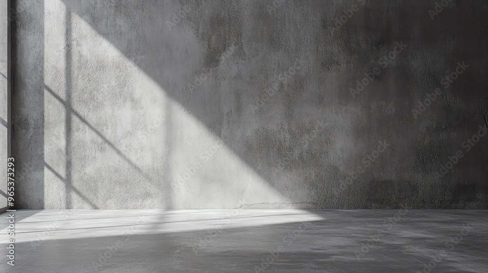 A modern, minimalistic interior featuring textured concrete walls and dramatic light shadows, perfect for contemporary design aesthetics. A modern, minimalistic interior featuring textured concrete walls and dramatic light shadows, perfect for contemporary design aesthetics.