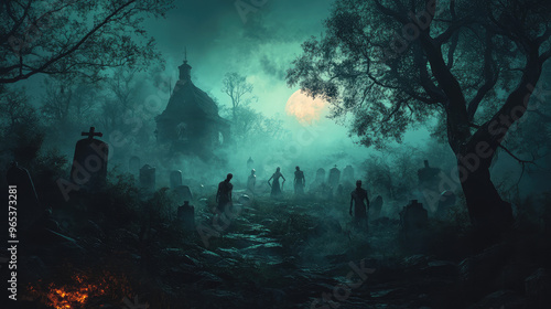 A chilling graveyard scene with fog rolling in, as skeletal zombies rise from their graves, their tattered clothes glowing eerily in the moonlight. photo