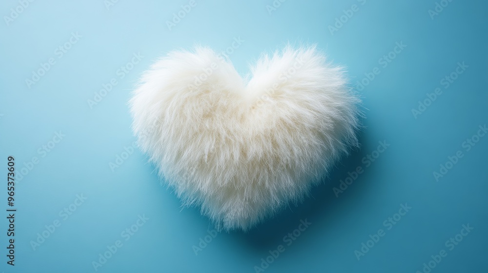 White fluffy heart pillow on blue background, soft texture. Cozy decor and love concept White fluffy heart pillow on blue background, soft texture. Cozy decor and love concept