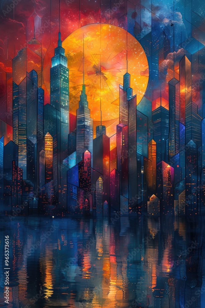 Fototapeta premium Cityscape Reflection with Orange Sun