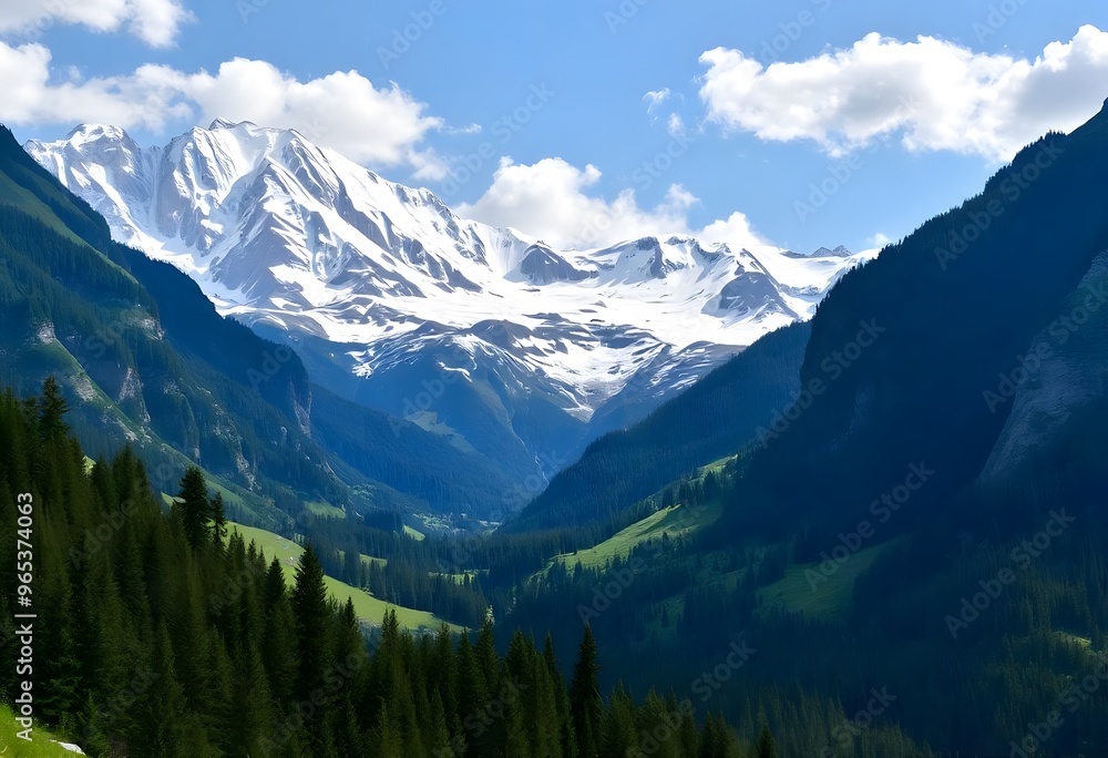 Fototapeta premium Green valley surrounded by towering, snow-capped mountains under a clear blue sky.